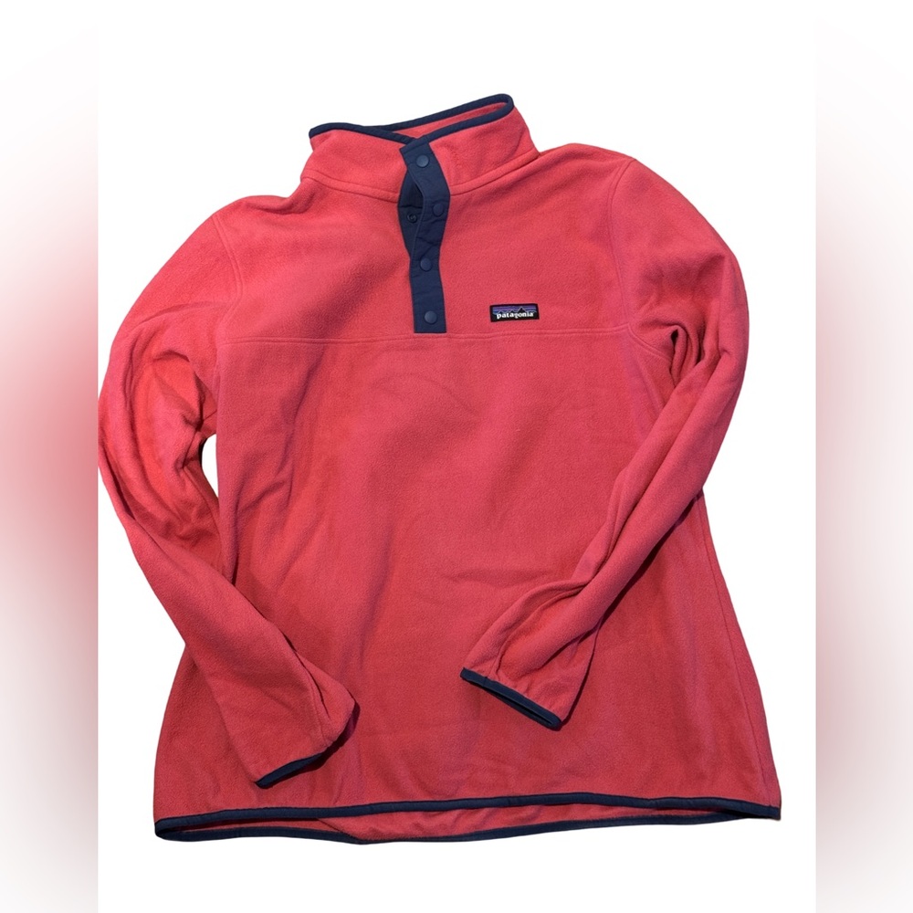 Patagonia Coral Red Snap-Top Fleece Pullover with Navy Trim